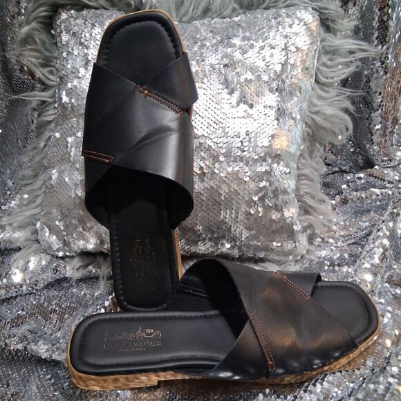 Coach and Four Italian Leather Sandals | Black Cross Strap Slides | Made in Ital - Picture 1 of 6
